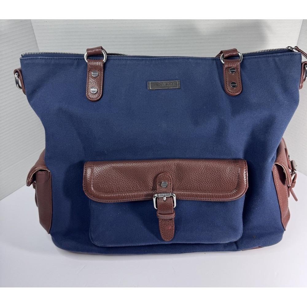 Lily Jade Madeline Baby Diaper Bag Shoulder Backpack Navy Canvas Brown Leather